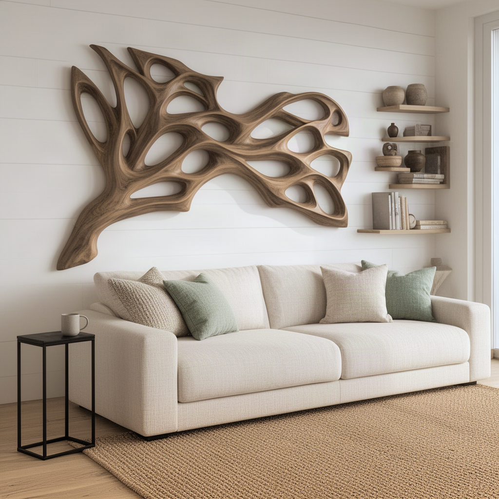 Nervora organic wood wall sculpture above a sofa in a coastal living room with floating shelves