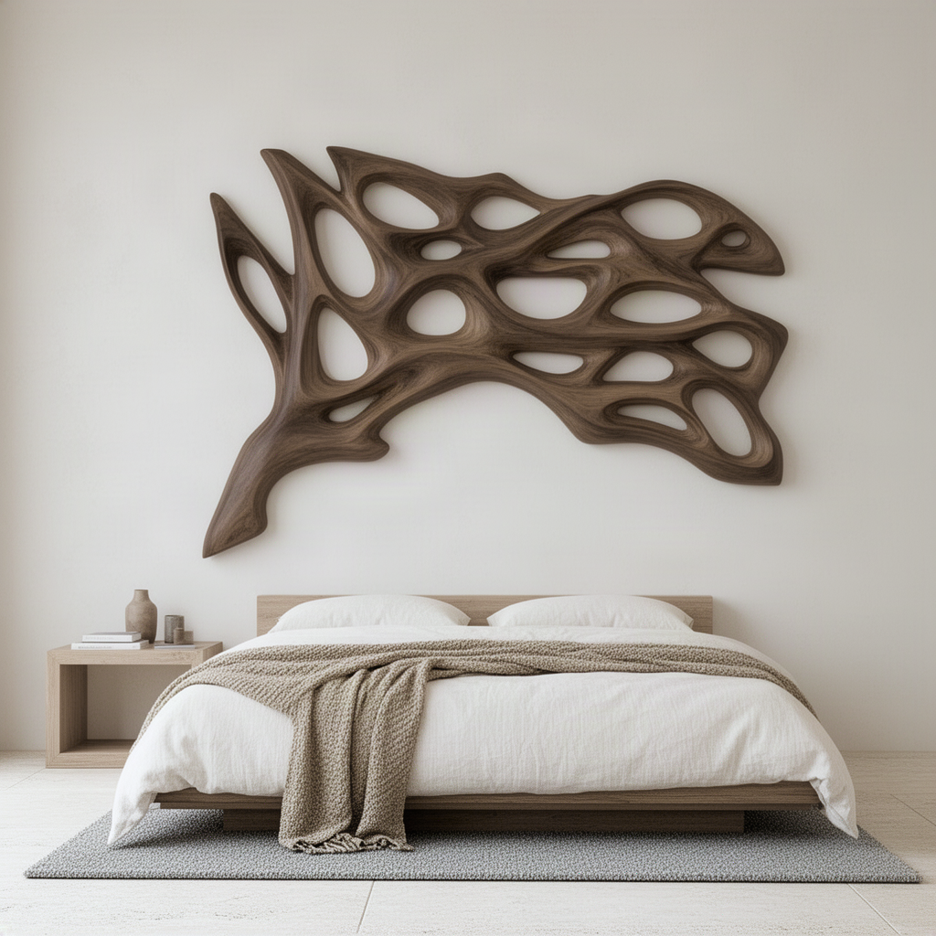 Nervora wide openwork wood wall art above a low bed in a calm minimalist bedroom