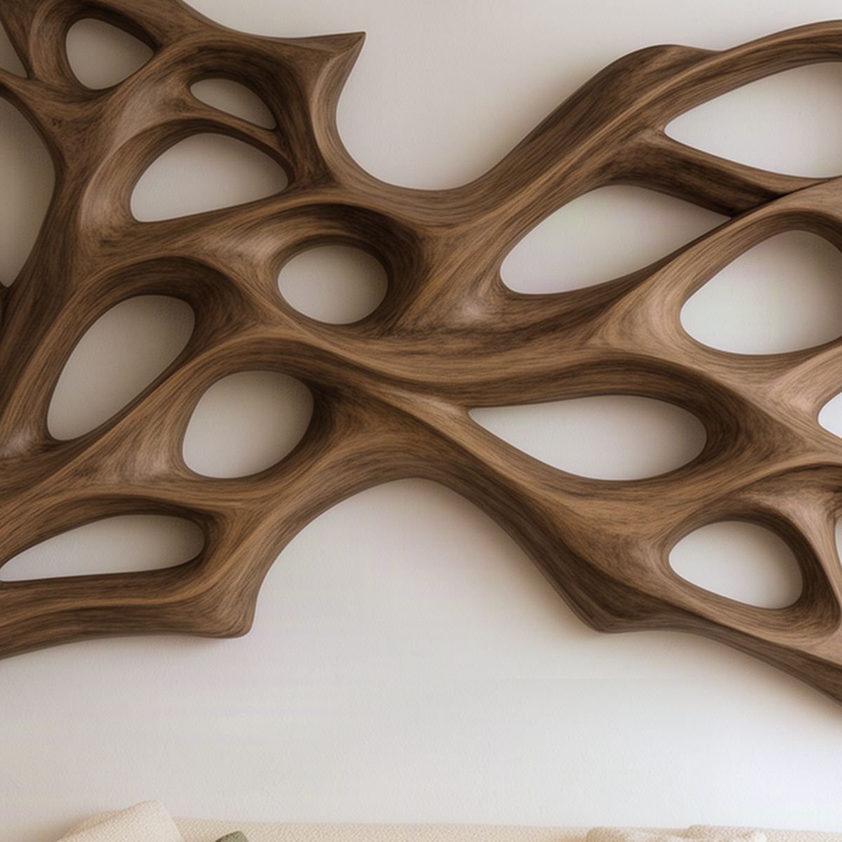 Close-up of the Nervora wall art showing rounded solid wood strands, oval openings and deep shadows