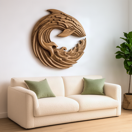 Cetara sculptural wood wall art in natural wood, a round carved whale and ocean wave above a cream sofa