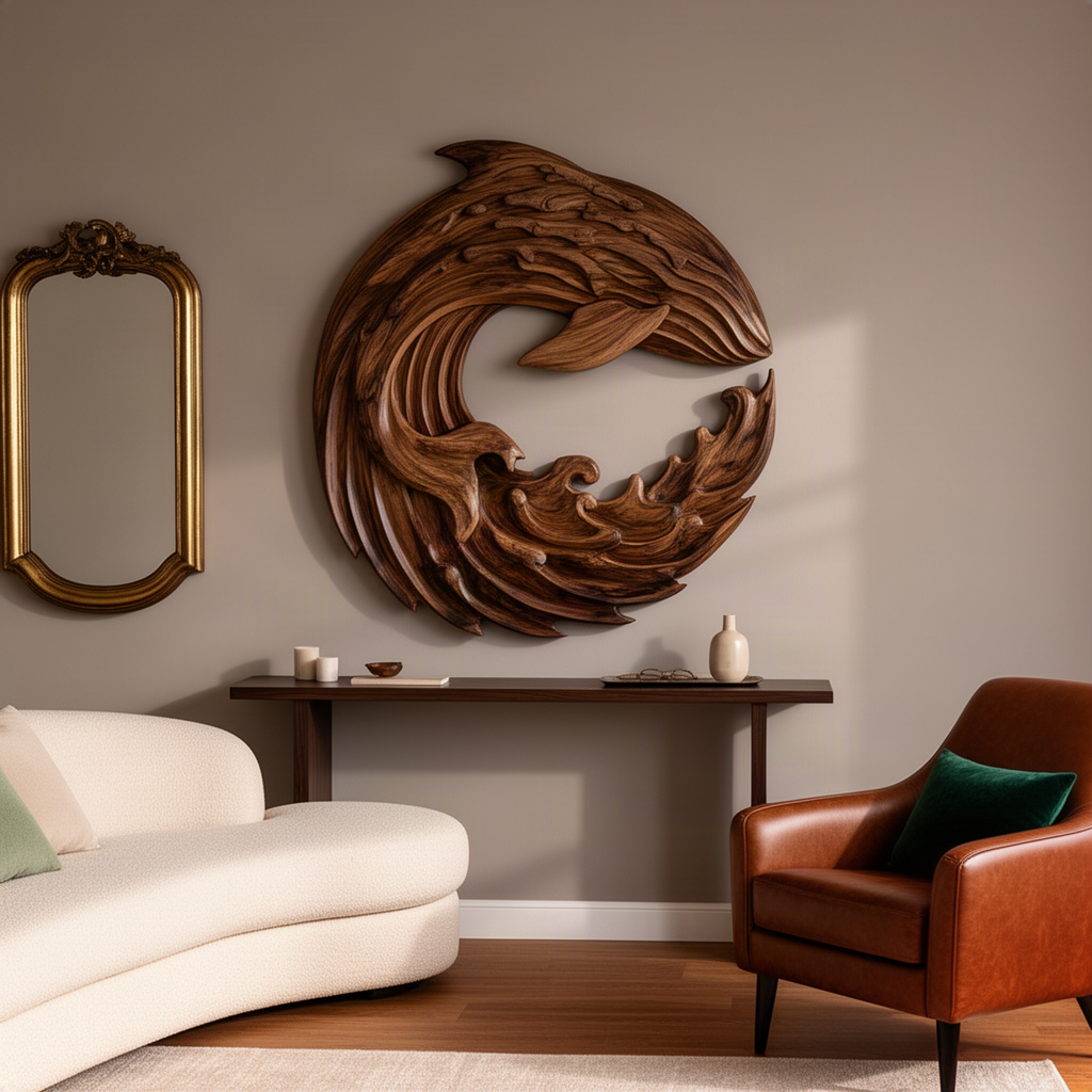 Cetara sculptural wood wall art in walnut with a diving whale and curling wave carved in layered relief