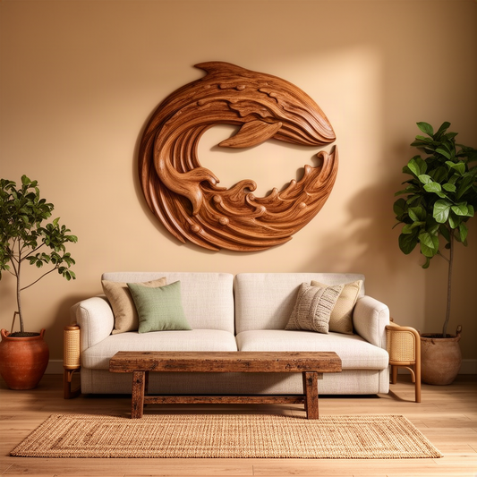 Cetara sculptural wood wall art in brown, a circular hand-carved whale and wave panel for coastal decor