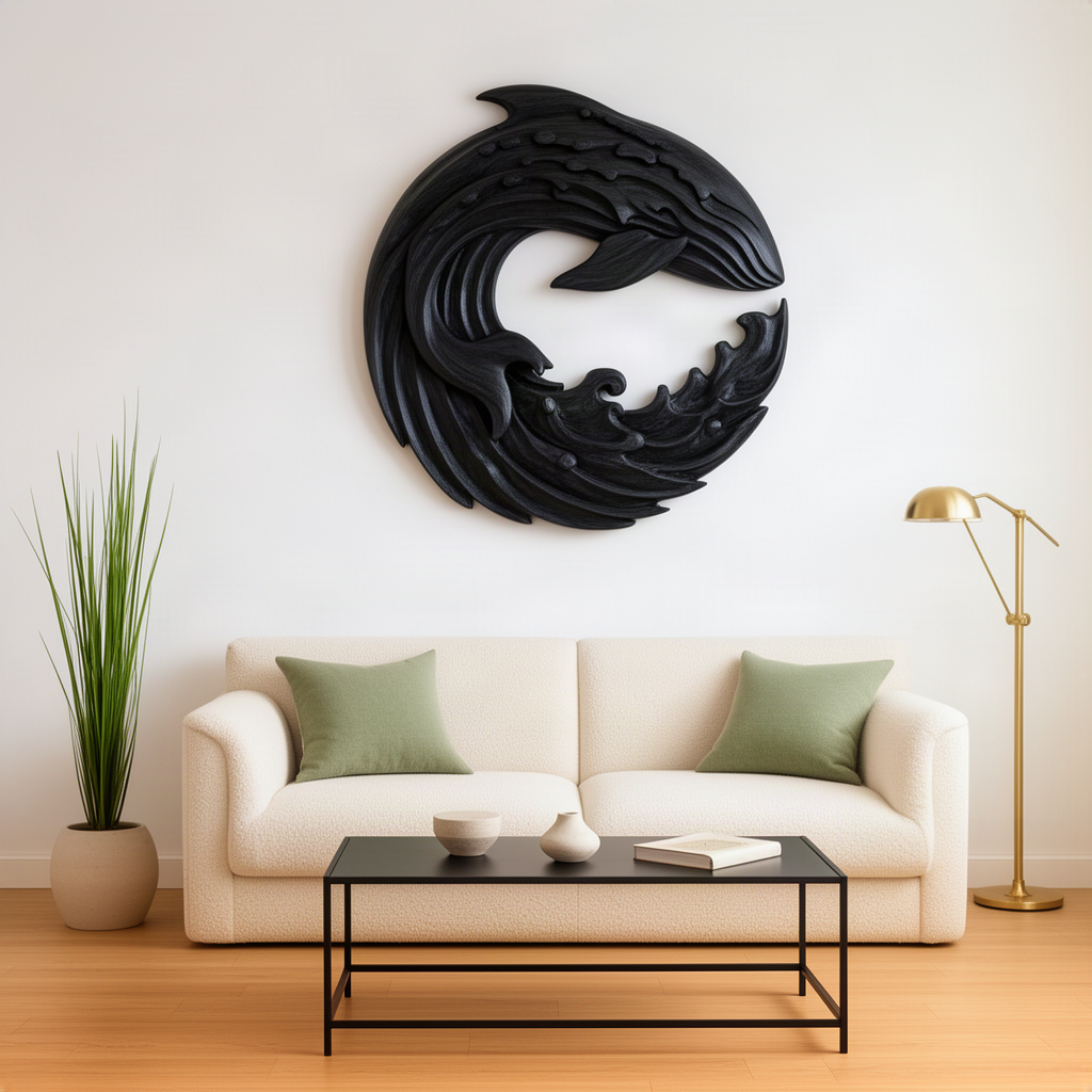 Cetara sculptural wood wall art in black, a dramatic round whale and wave carving above a sofa