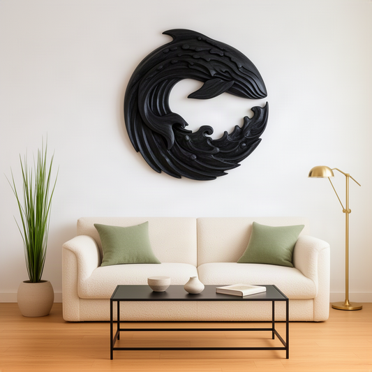 Cetara sculptural wood wall art in black, a dramatic round whale and wave carving above a sofa