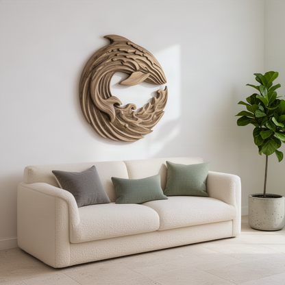 Cetara round whale wood wall art above a boucle sofa in a bright living room with a fiddle leaf fig