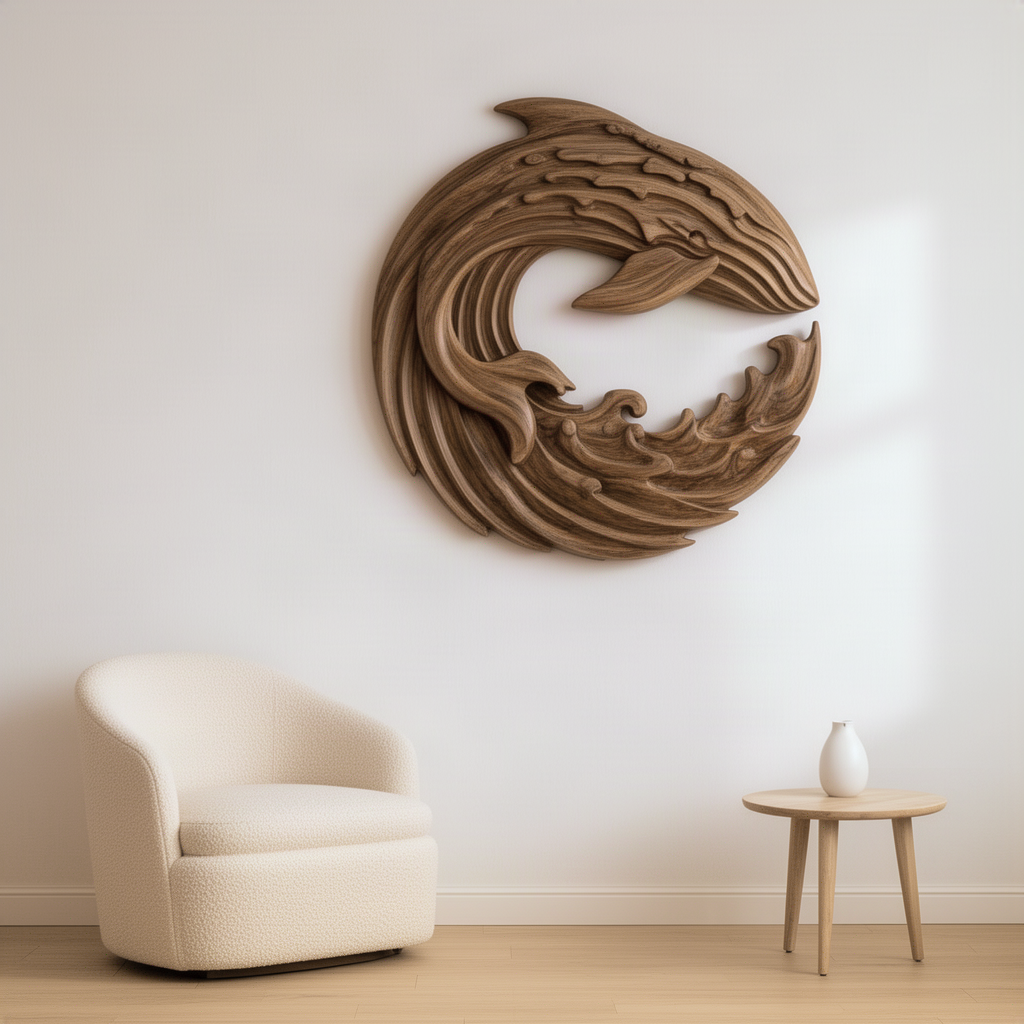 Cetara carved ocean wave wall art above a cozy armchair and side table in a minimalist reading corner