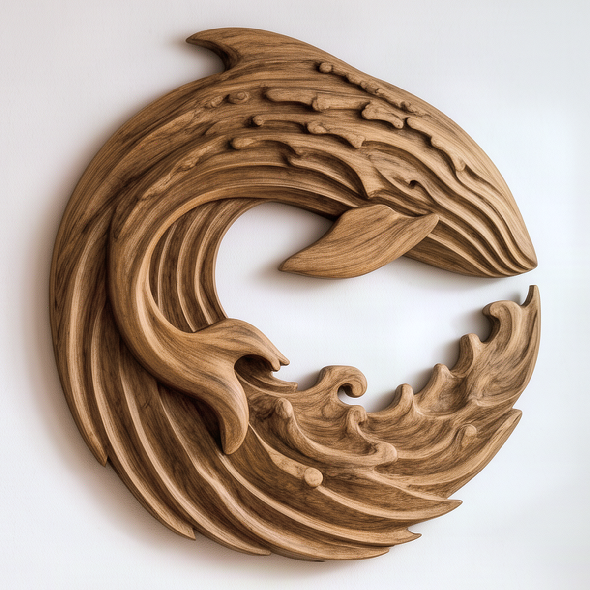 Close-up of the Cetara wall art showing hand-carved wave ridges, whale tail fin and natural wood grain