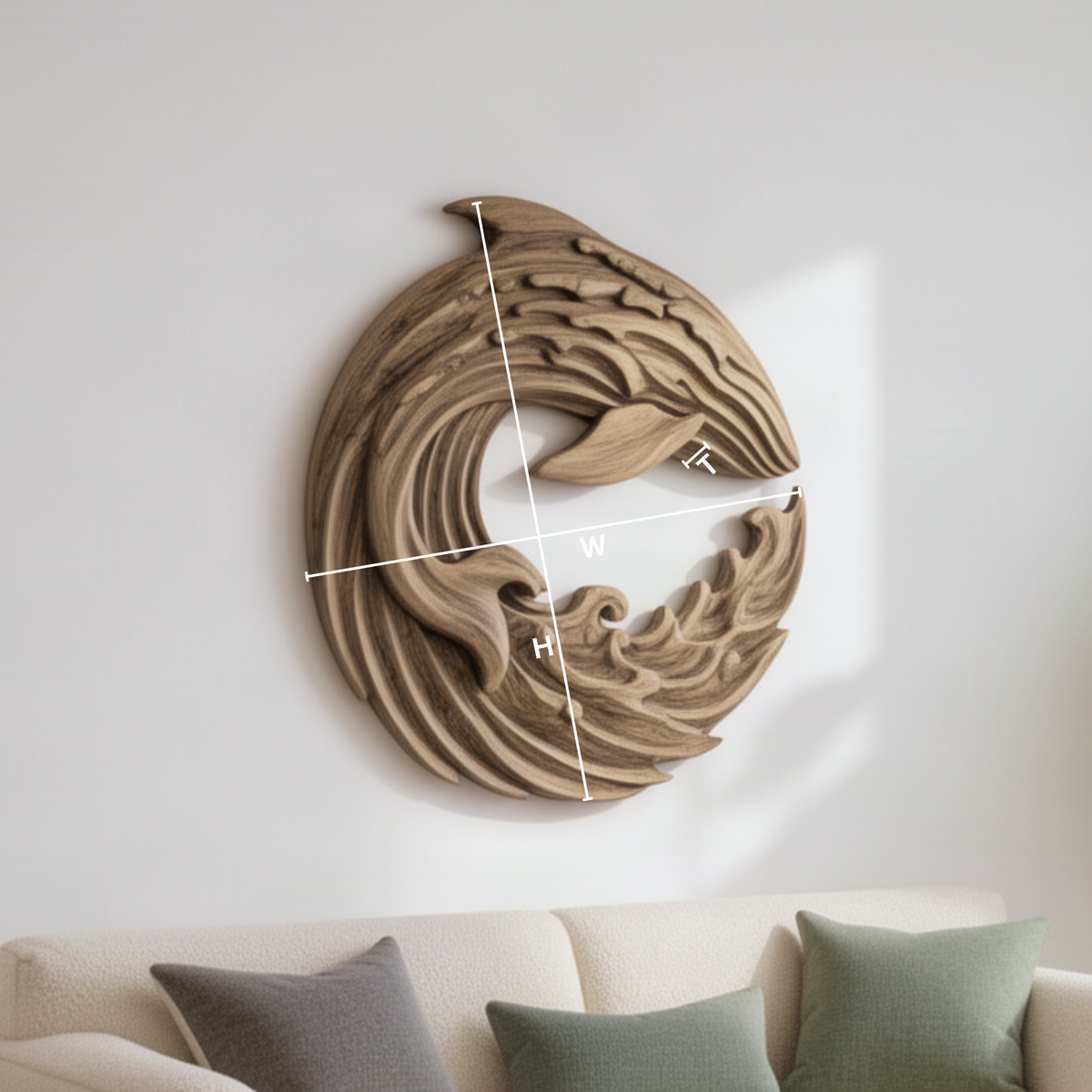 Cetara sculptural wood wall art dimension guide showing width, height and depth of the round panel