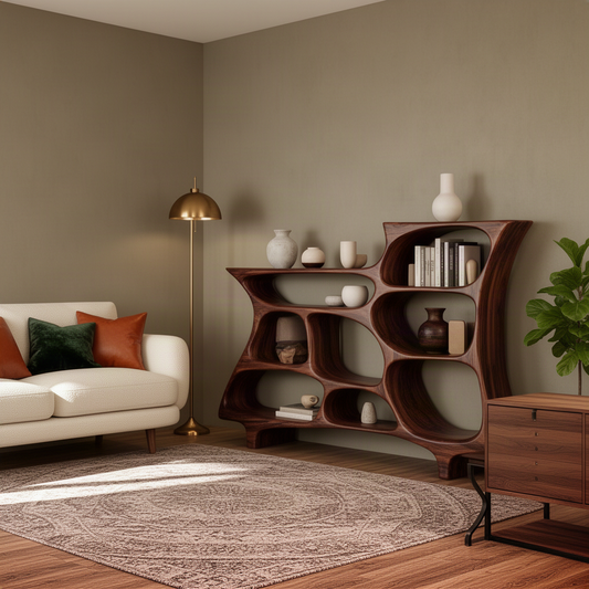 Alveola sculptural wood bookshelf in walnut, an asymmetric stepped shelf with rounded compartments
