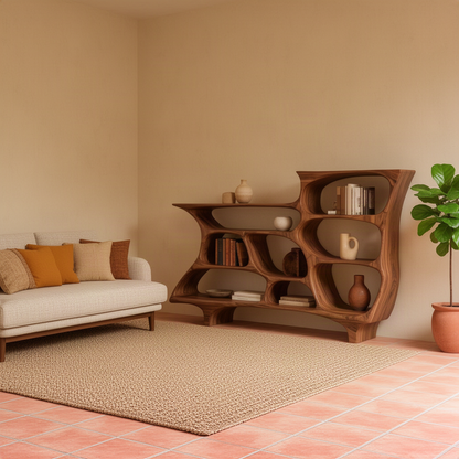 Alveola sculptural wood bookshelf in brown with curved honeycomb-style openings and sculpted feet
