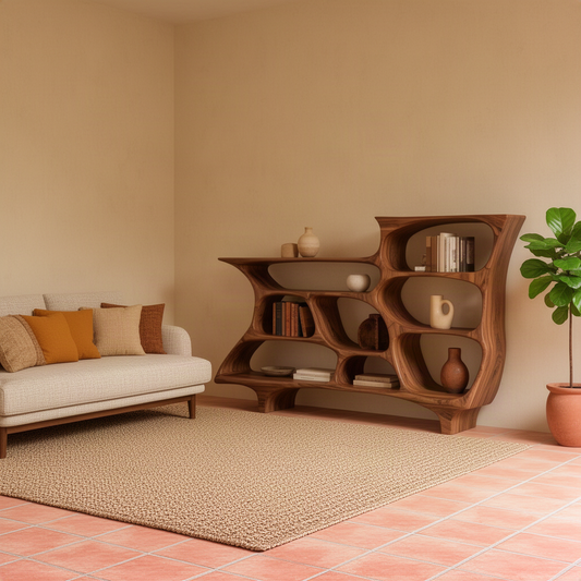 Alveola sculptural wood bookshelf in brown with curved honeycomb-style openings and sculpted feet
