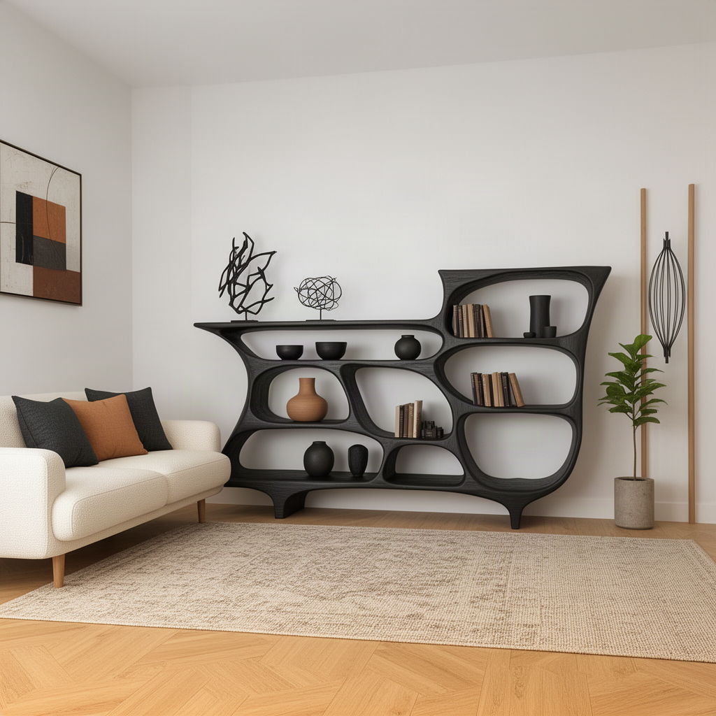 Alveola sculptural wood bookshelf in black styled with vases and books beside a cream sofa