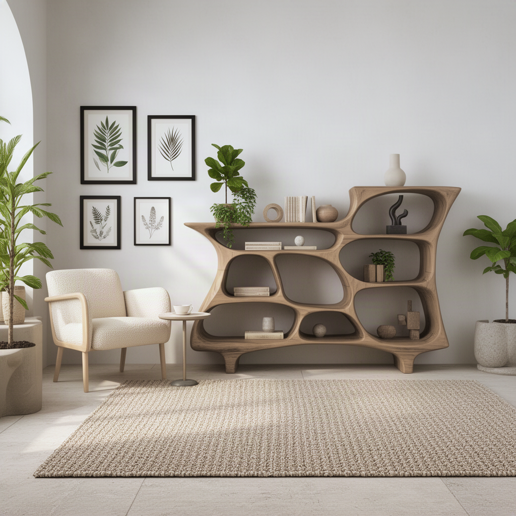 Alveola organic open bookshelf in a bright room with botanical prints, armchair and potted plants