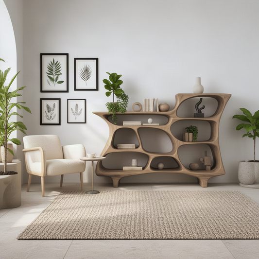 Alveola organic open bookshelf in a bright room with botanical prints, armchair and potted plants