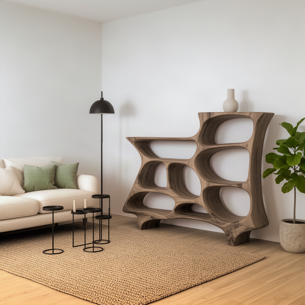 Alveola sculptural cell bookshelf beside a sofa and floor lamp in a minimalist living room