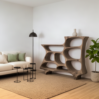 Alveola sculptural cell bookshelf beside a sofa and floor lamp in a minimalist living room