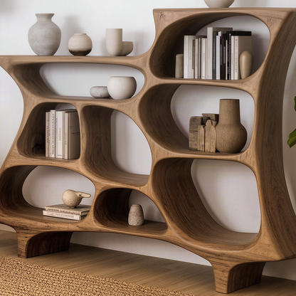 Close-up of the Alveola bookshelf showing rounded solid wood compartments, books, vases and wood grain
