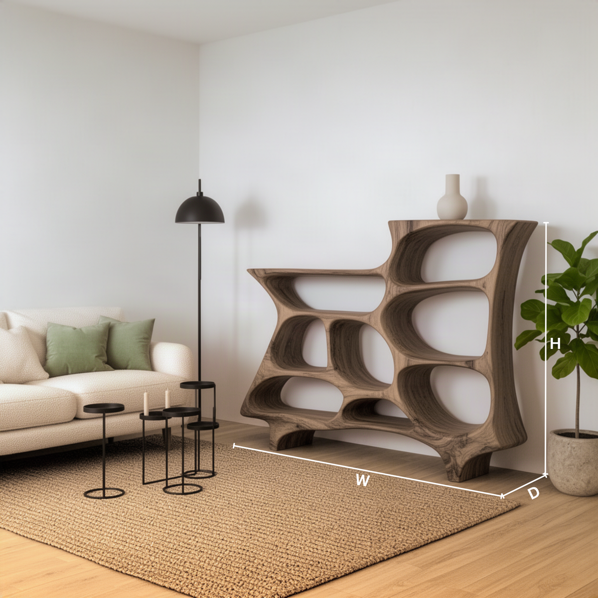 Alveola sculptural wood bookshelf dimension guide showing width, height and depth of the organic shelf
