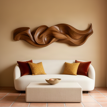 Drapella sculptural wood wall art in brown, a long horizontal ribbon sculpture for living room walls