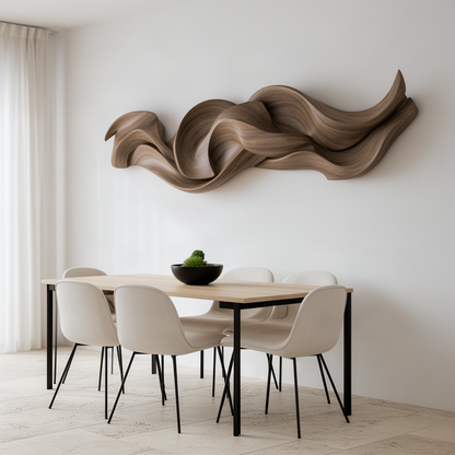 Drapella ribbon wood wall art above a dining table with white chairs in a bright minimalist room