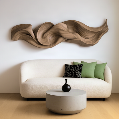 Drapella flowing wood wall sculpture above a curved sofa and stone coffee table in a living room