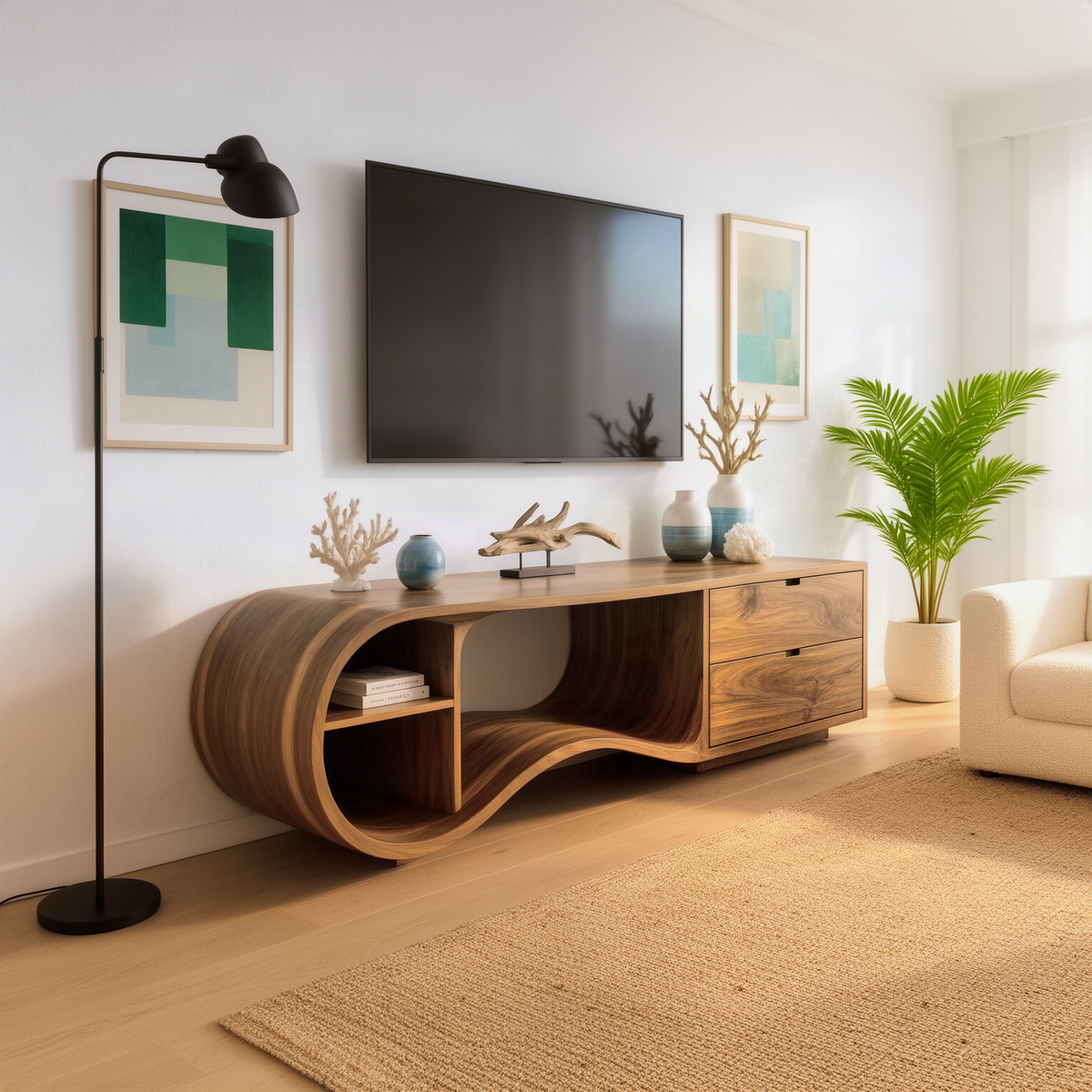Swellina sculptural wood TV stand in natural wood with wave curved base, open shelf and two drawers