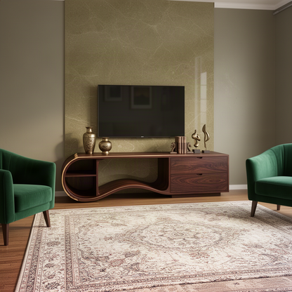 Swellina sculptural wood TV stand in walnut, a curved media console with rolled end and drawer cabinet