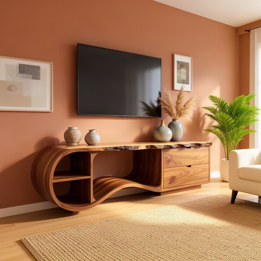 Swellina sculptural wood TV stand in brown with flowing wave silhouette and open display shelf