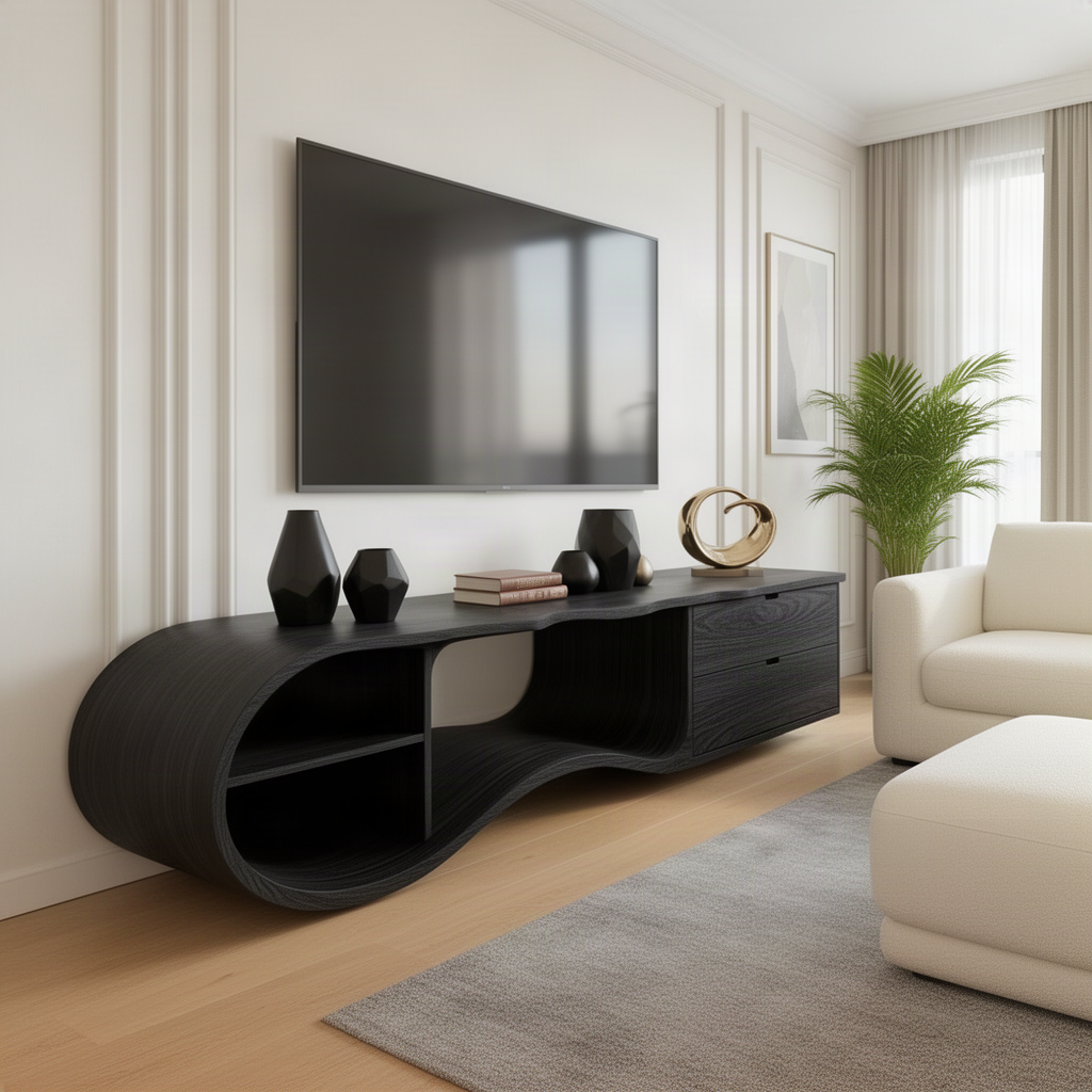 Swellina sculptural wood TV stand in black below a wall-mounted TV in an elegant living room