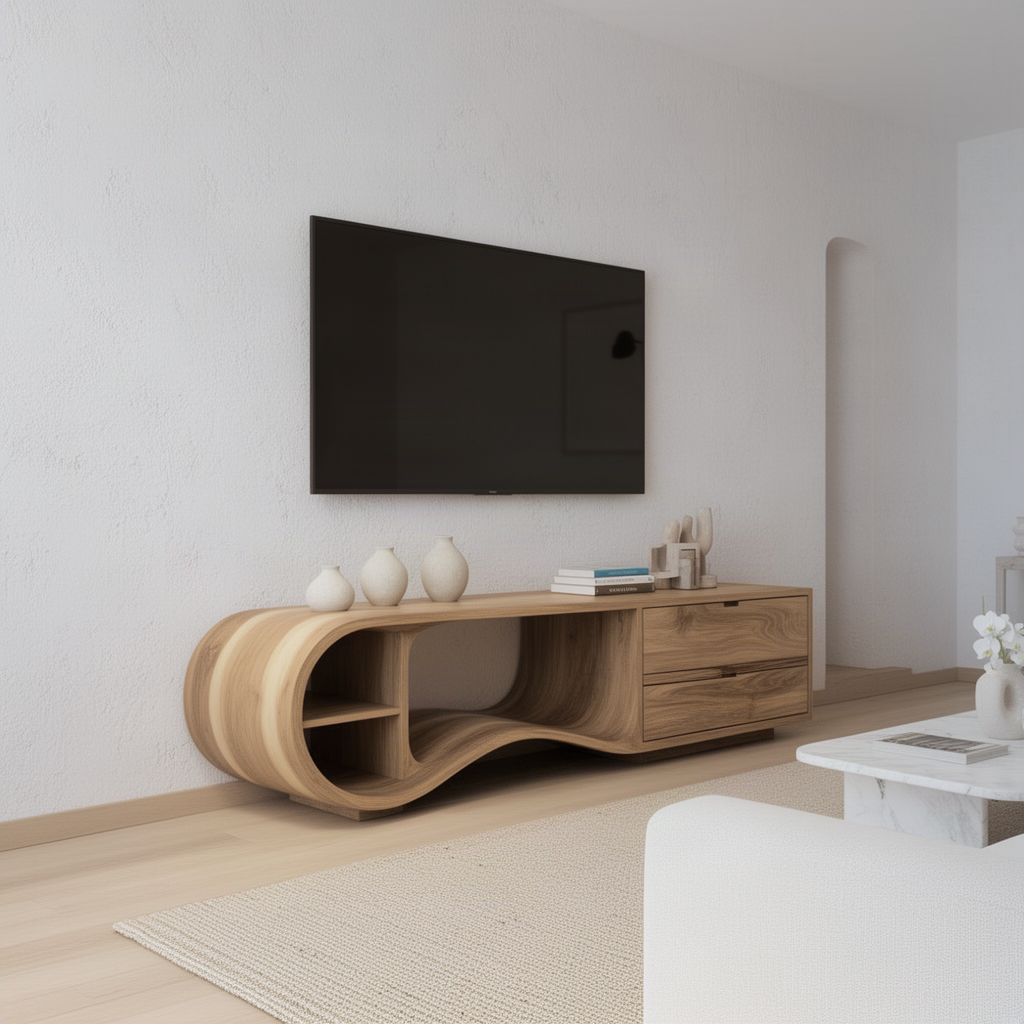Swellina curved wood media console seen from an angle under a TV in a bright minimalist living room