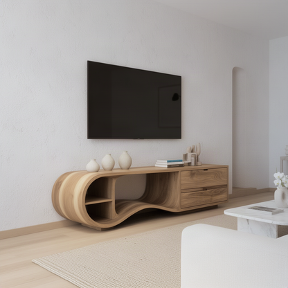 Swellina curved wood media console seen from an angle under a TV in a bright minimalist living room