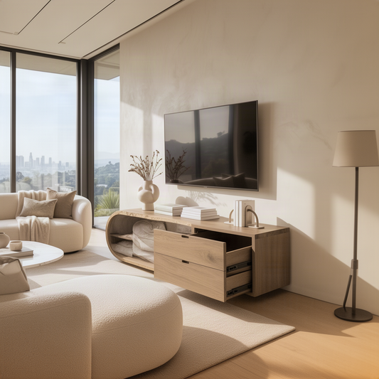 Swellina TV stand with drawers open showing hidden storage in a sunny apartment living room