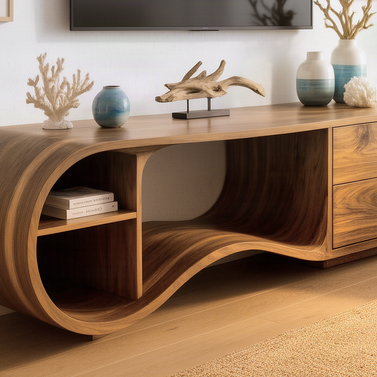 Close-up of the Swellina TV stand showing the wave curved solid wood base, inner shelf and wood grain