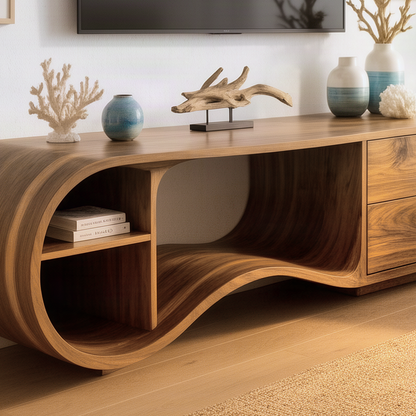 Close-up of the Swellina TV stand showing the wave curved solid wood base, inner shelf and wood grain