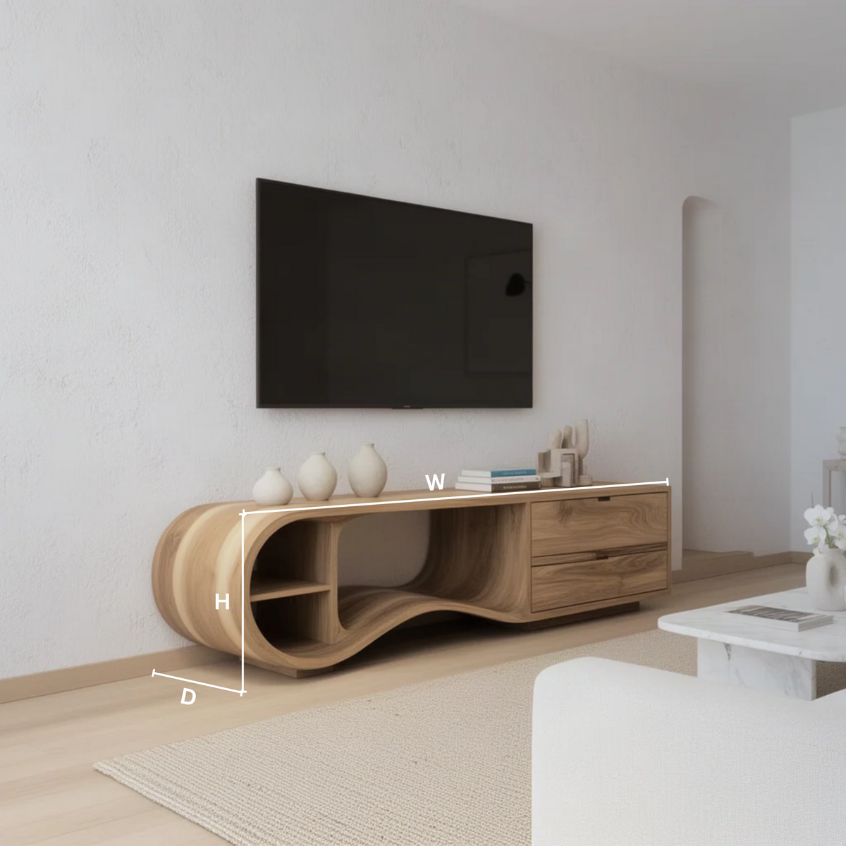 Swellina sculptural wood TV stand dimension guide showing width, height and depth of the media console