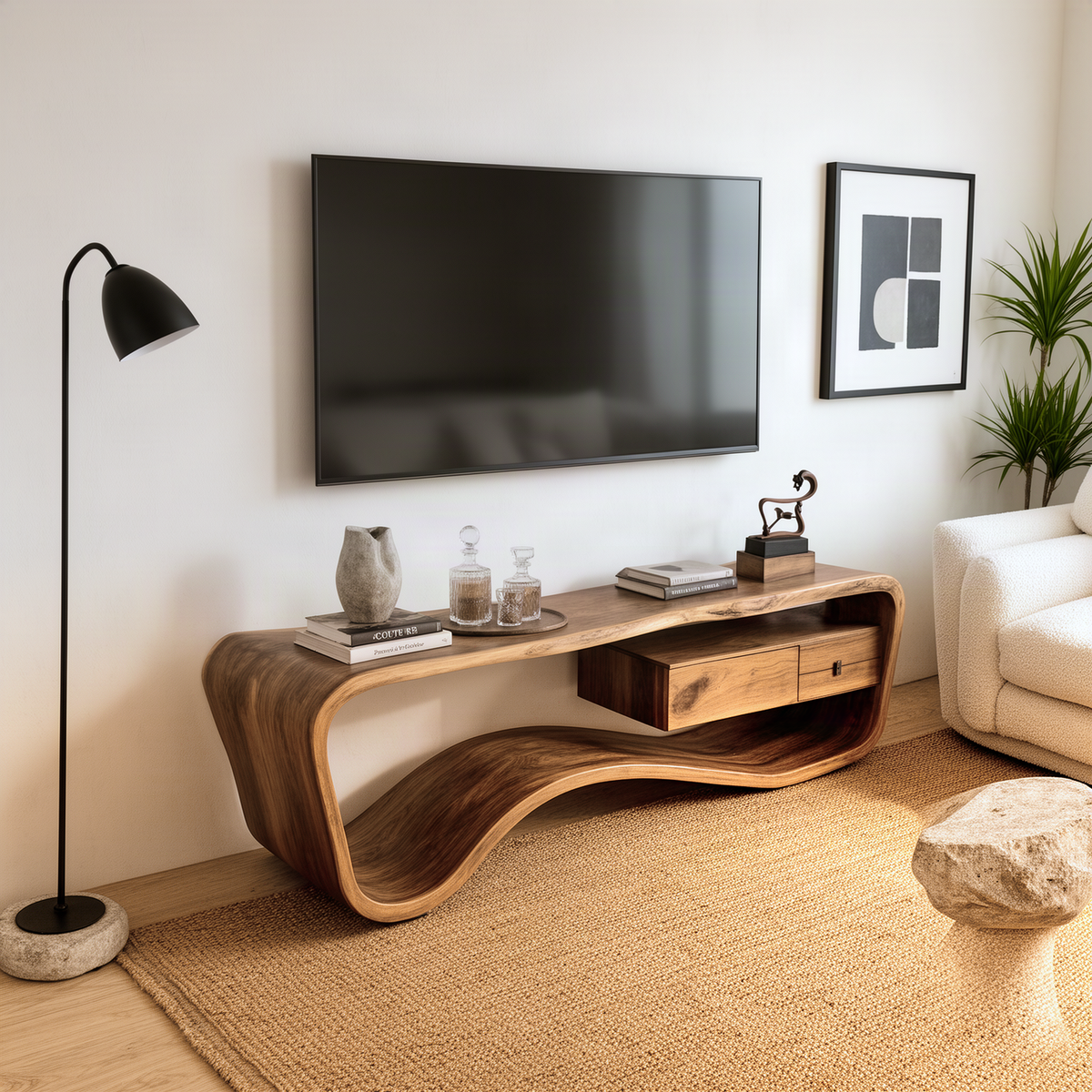Hammora sculptural wood TV stand in natural wood with hammock-like curved base and floating drawers