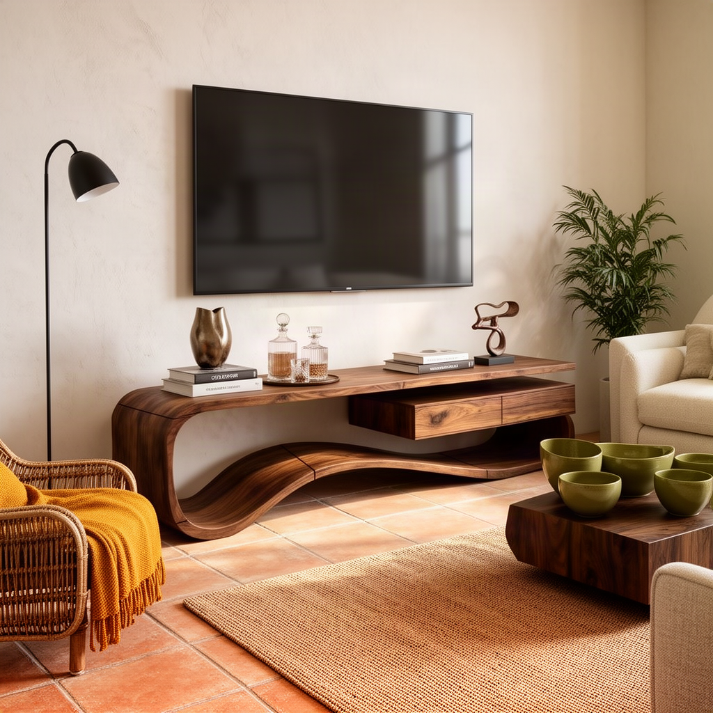 Hammora sculptural wood TV stand in brown with swinging curved base and two hanging drawers