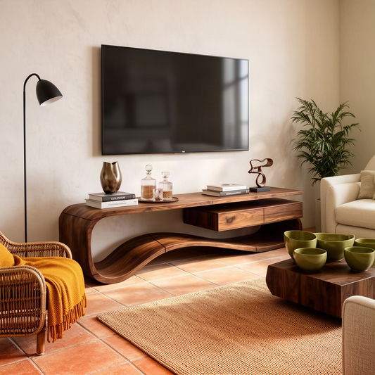 Hammora sculptural wood TV stand in brown with swinging curved base and two hanging drawers