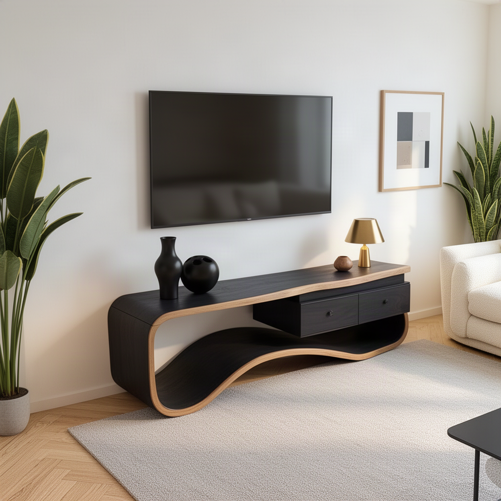 Hammora sculptural wood TV stand in black with light wood edge below a wall-mounted TV