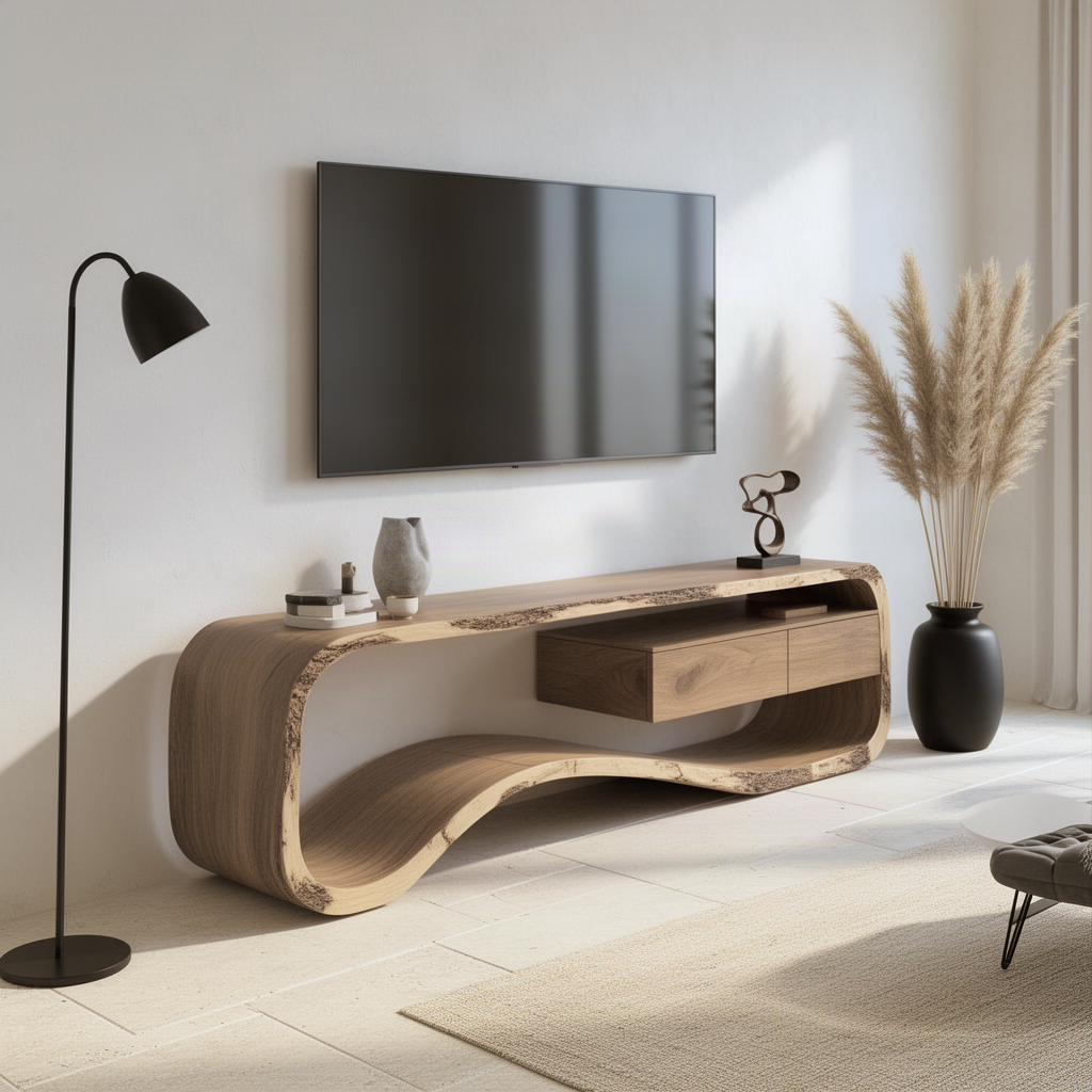 Hammora floating curve wood TV stand seen from an angle in a bright minimalist living room