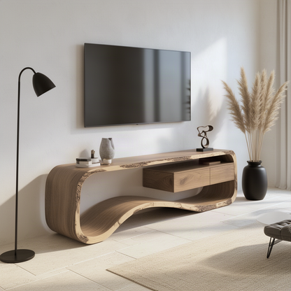 Hammora floating curve wood TV stand seen from an angle in a bright minimalist living room