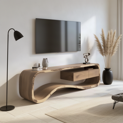 Hammora floating curve wood TV stand seen from an angle in a bright minimalist living room
