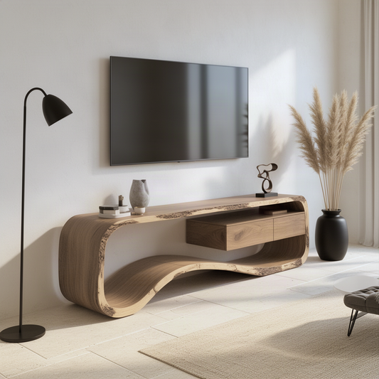 Hammora floating curve wood TV stand seen from an angle in a bright minimalist living room