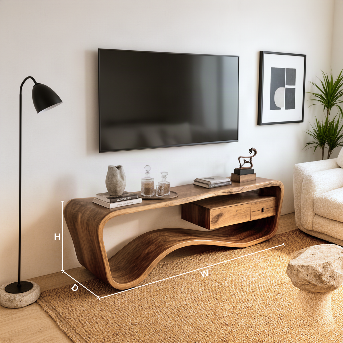 Hammora sculptural wood TV stand dimension guide showing width, height and depth of the media console