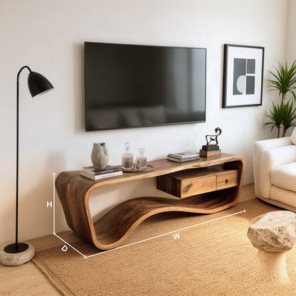 Hammora sculptural wood TV stand dimension guide showing width, height and depth of the media console