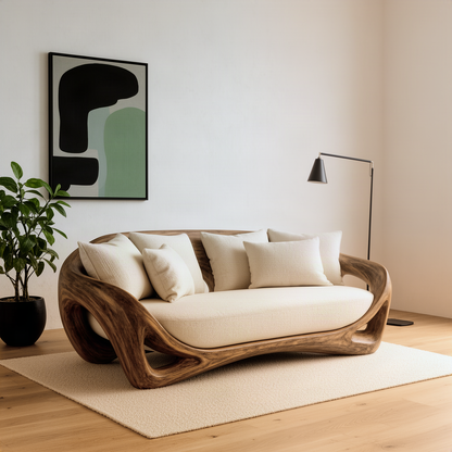 Cocoona sculptural wood sofa in natural wood with organic cradle frame, side cutouts and cream cushions