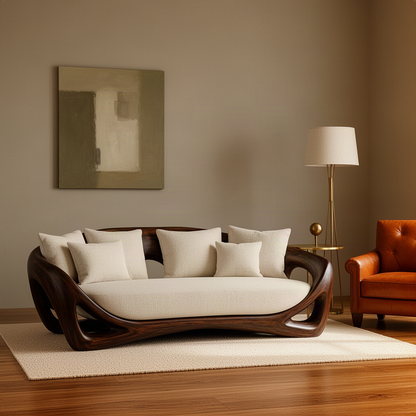 Cocoona sculptural wood sofa in walnut, a carved solid wood shell sofa with plush upholstered seat