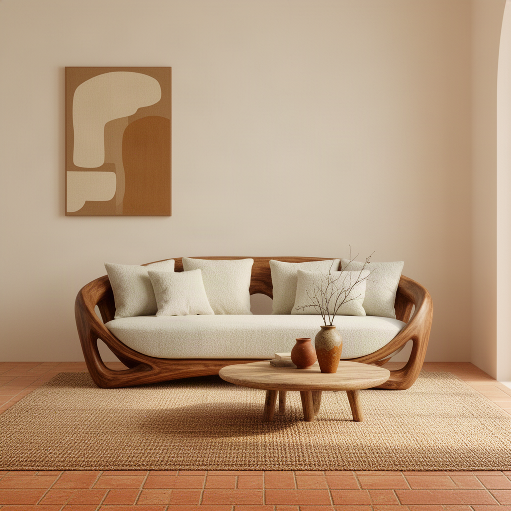 Cocoona sculptural wood sofa in brown with rounded wooden arms and flowing open cutouts