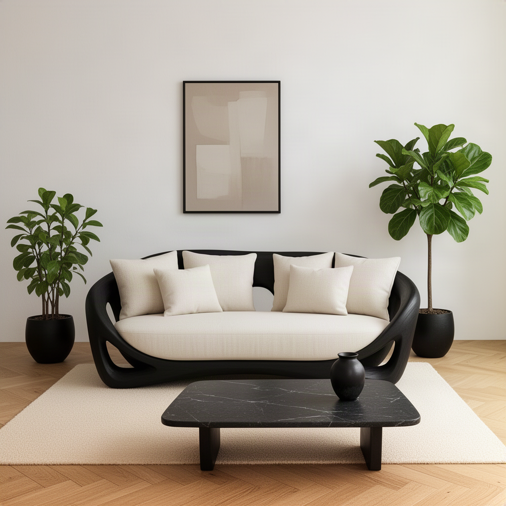 Cocoona sculptural wood sofa in black with cream cushions in front of a dark stone coffee table