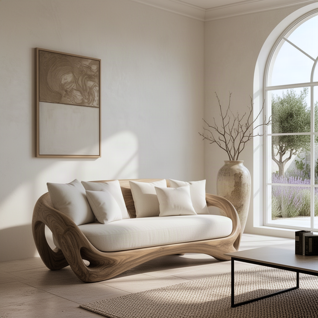 Cocoona carved wood sofa seen from an angle in a sunlit room with an arched window and vase